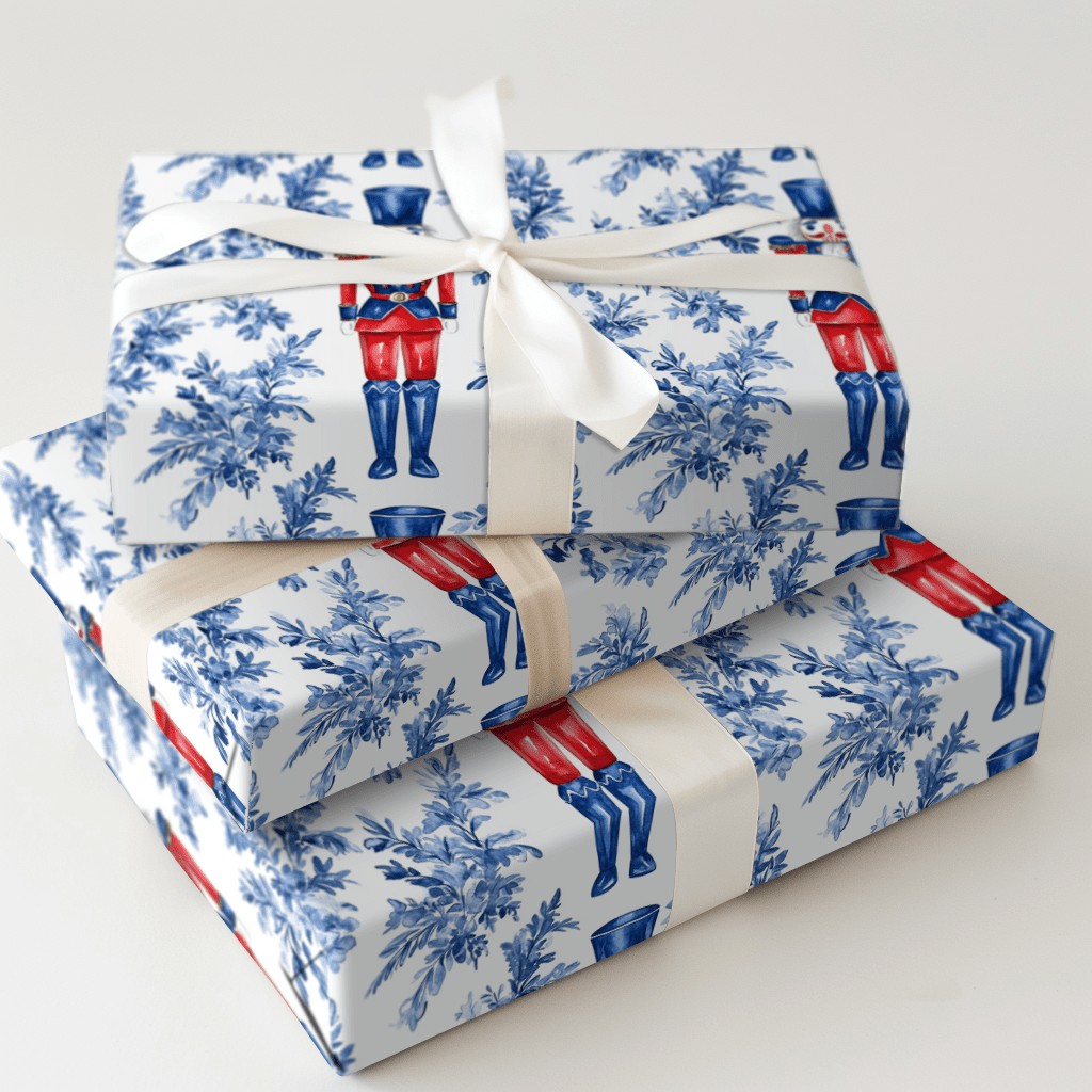 Blue Toile Floral Gift Wrap, Nutcracker Wrapping Paper, Watercolor Nutcracker Soldier Wrapping Paper, Christmas Holiday Prese
