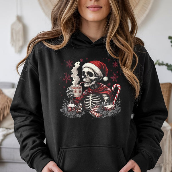 Humorous Christmas Skull Sweatshirt, Skeleton Santa Hoodie, Creepy Xmas Graphic Hooded Pullover, Retro Gothic Holiday Hoodie,
