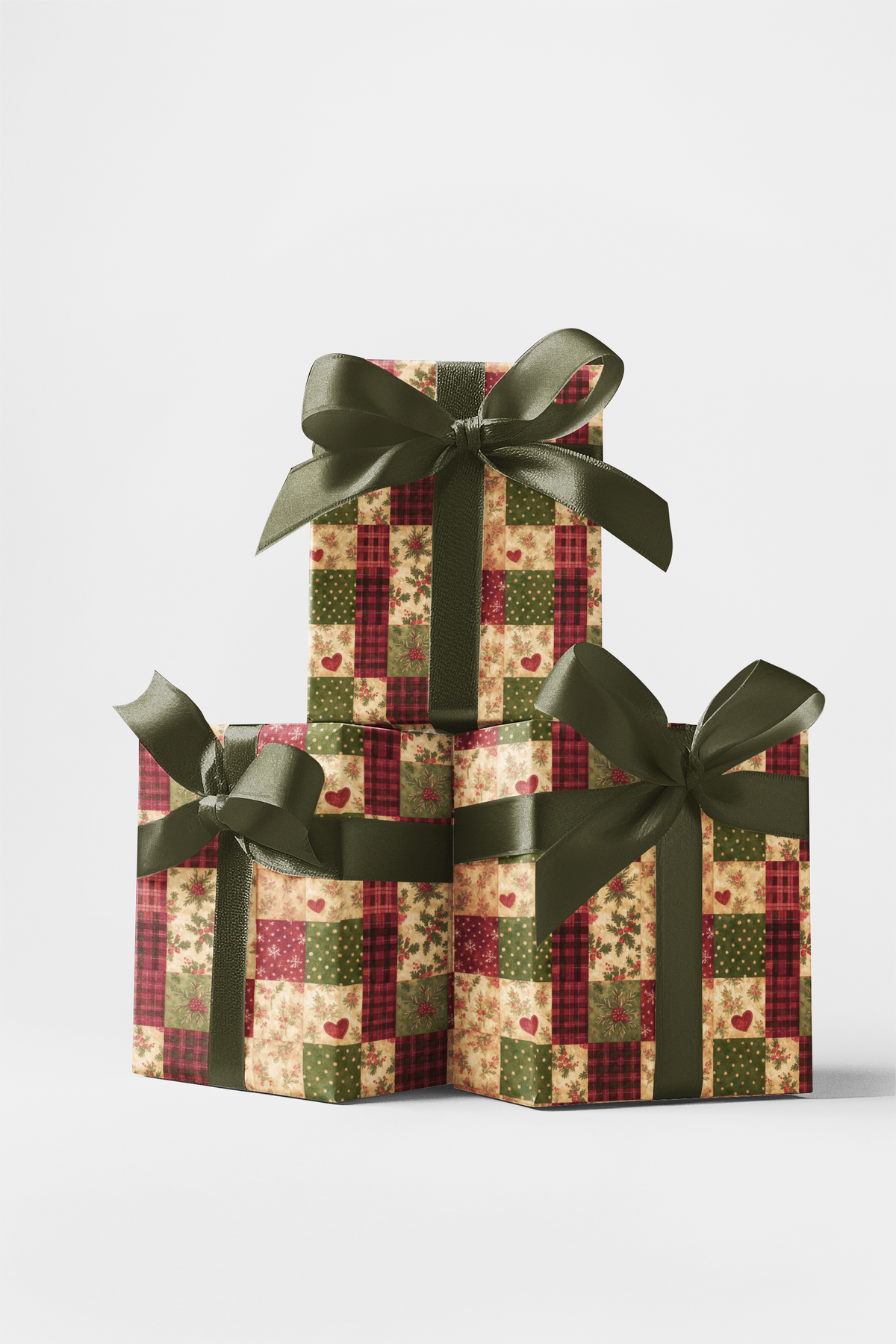 Patchwork Holiday Gift Wrap, Rustic Heart and Holly Wrapping Paper, Plaid Christmas Wrapping Paper, Quilt Pattern Gift Wrap R