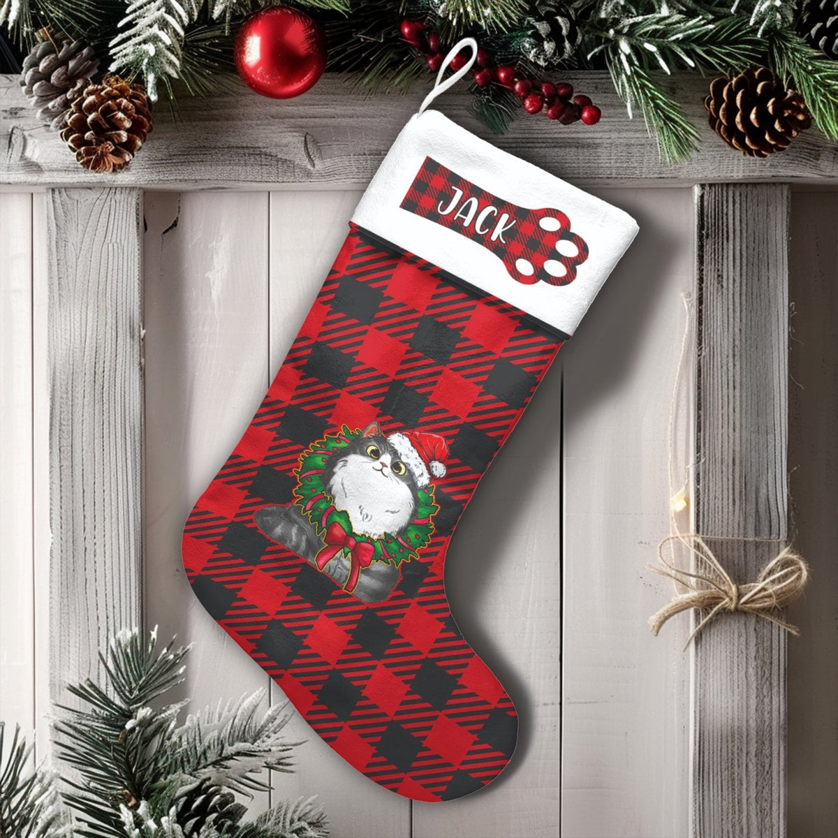 Buffalo Plaid Cat Stocking, Personalized Cat Christmas Stocking, Custom Pet Holiday Stocking, Festive Mantel Decor, Present f