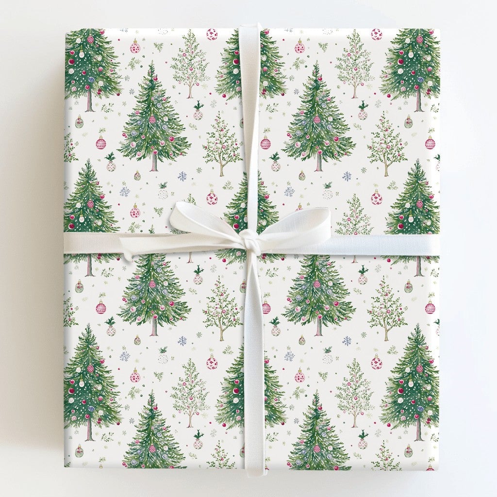 Festive Bauble Holiday Gift Wrap, Watercolor Christmas Trees Wrapping Paper, Snowflake Christmas Wrapping Paper, Winter Gift 