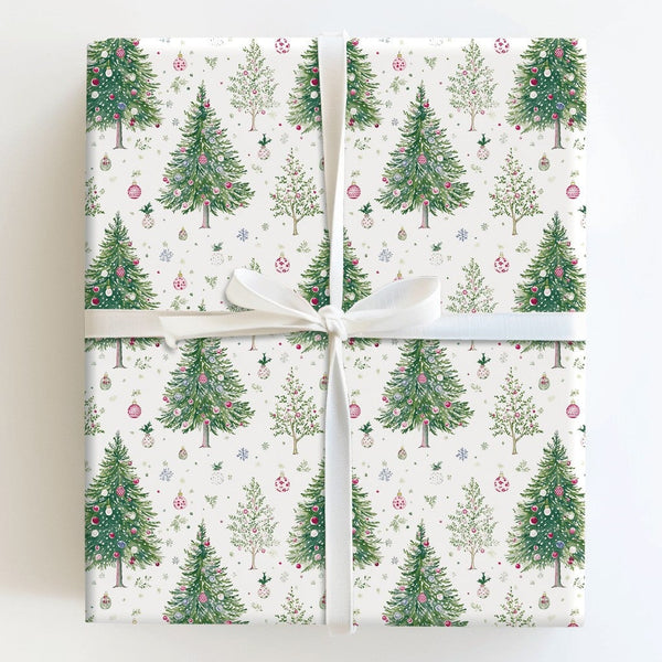 Festive Bauble Holiday Gift Wrap, Watercolor Christmas Trees Wrapping Paper, Snowflake Christmas Wrapping Paper, Winter Gift 