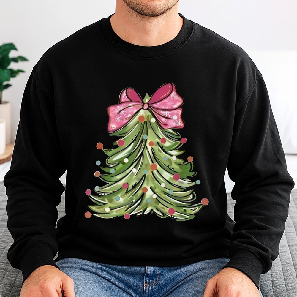 Adorable Christmas Tree Crewneck, Pink Bow Christmas Tree Sweatshirt, Retro Holiday Tree Sweater, Coquette Christmas Sweatshi