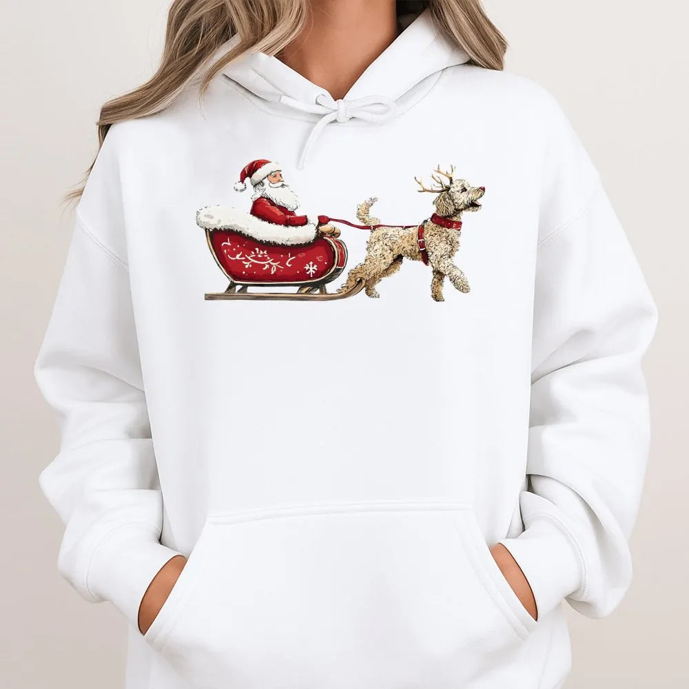 Doodle Santa Sleigh Graphic Sweatshirt, Goldendoodle Christmas Hoodie, Adorable Dog Mom Holiday Pullover, Winter Dog Lover Ho