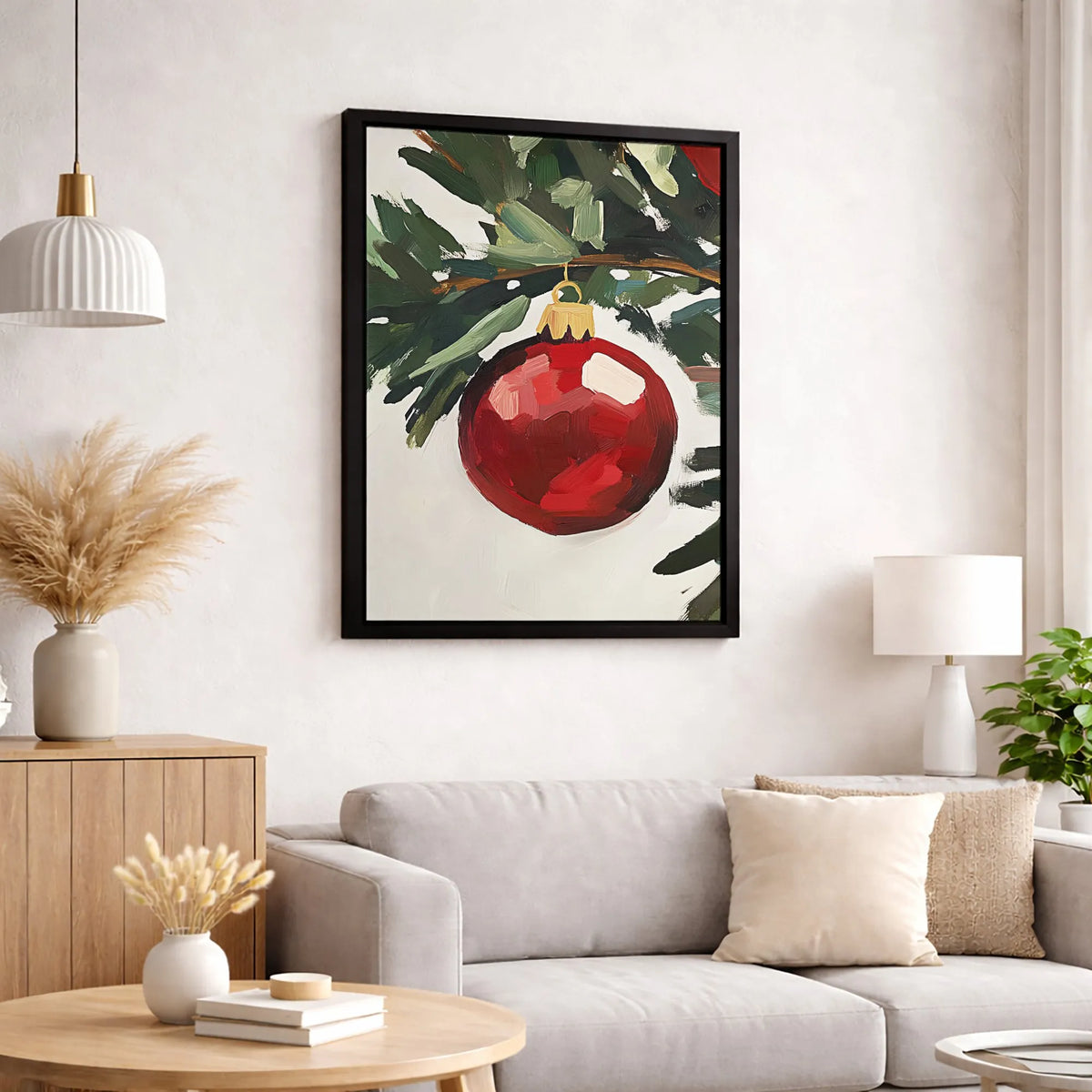 Red Bauble Pine Branch Canvas Print, Christmas Ornament Wall Art, Rustic Holiday Oil Painting Style Wall Art, Winter Festive 