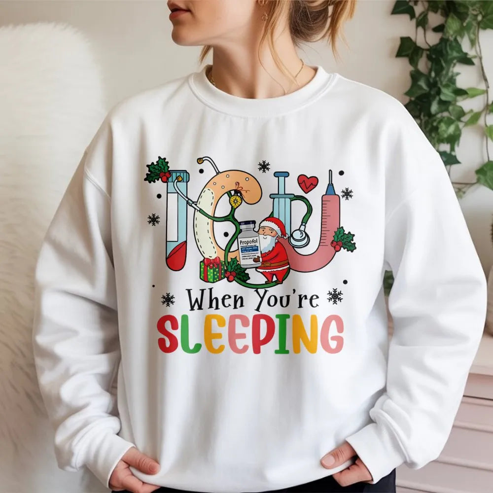 Humorous Santa Medical Holiday Sweater, ICU Nurse Christmas Sweatshirt, Intensive Care RN Crewneck, Healthcare Worker Xmas Pu