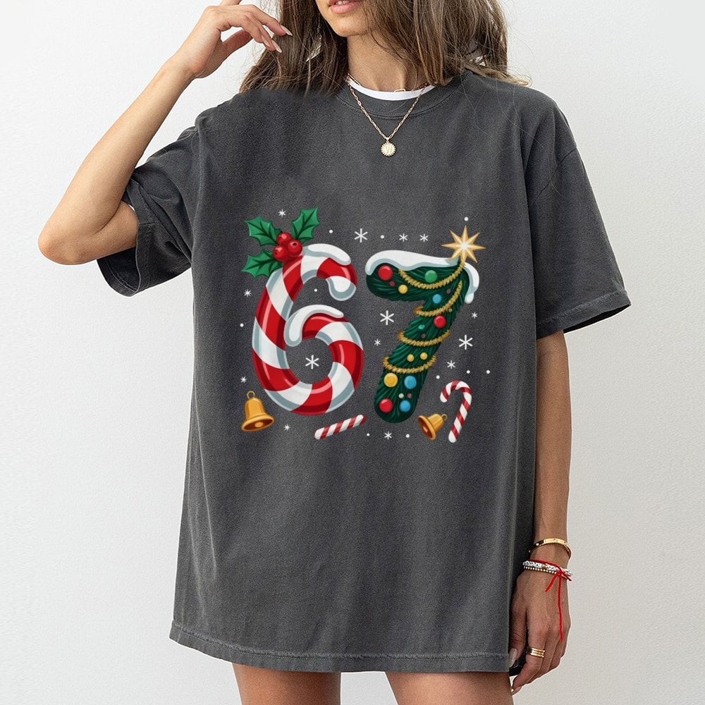 Candy Cane Holiday Tree Shirt, Number 67 Christmas T-Shirt, Festive Number Graphic Tee, Winter Birthday T-Shirt, Xmas Holiday