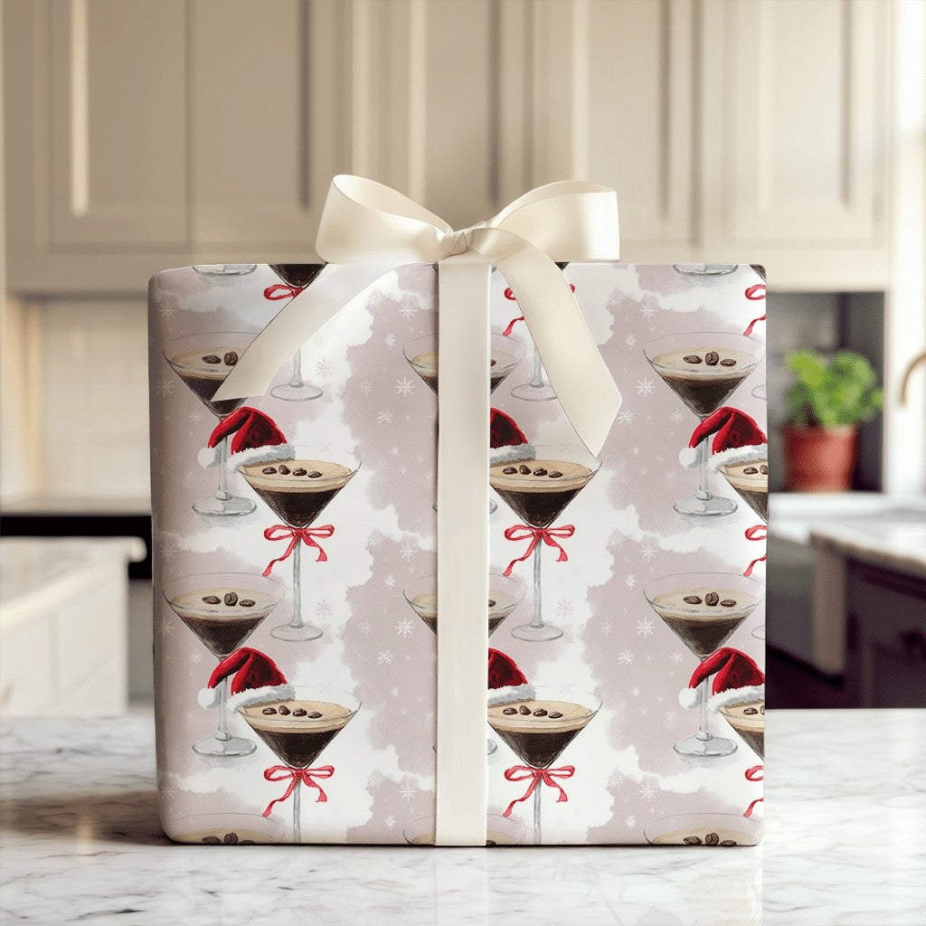 Santa Hat Cocktail Gift Wrap, Espresso Martini Christmas Wrapping Paper, Purple Holiday Drinks Wrapping Paper, Festive Party 