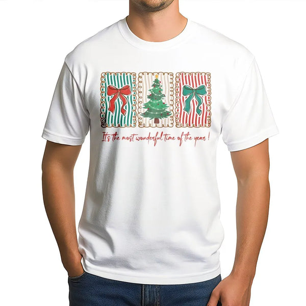 Retro Christmas Tree Bow Tee, Most Wonderful Time of the Year T-Shirt, Vintage Holiday Graphic Shirt, Adorable Xmas Tree T-Sh