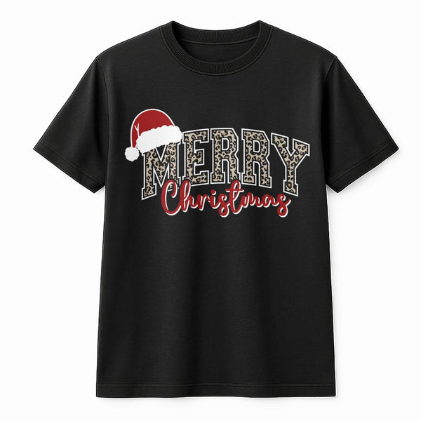 Santa Hat Plaid Holiday Graphic Tee, Merry Christmas Leopard Print T-Shirt, Festive Xmas Graphic T-Shirt, Adorable Womens Hol