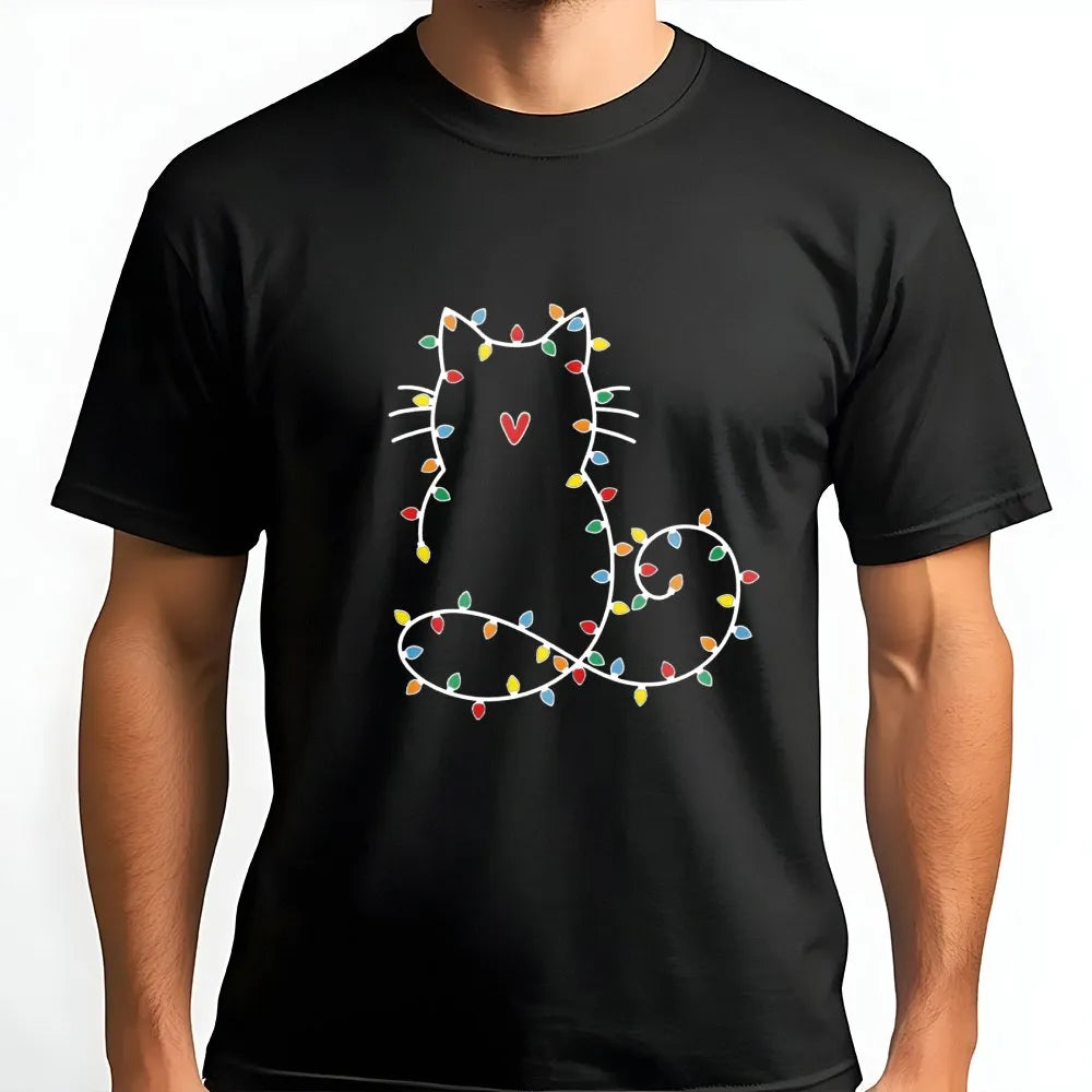 Adorable Kitty Holiday Shirt, Fairy Lights Cat Christmas T-Shirt, Minimalist Cat Graphic Tee, Comfy Xmas Cat Lover Apparel, C