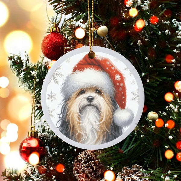 Santa Hat Snowflake Dog Ornament, Havanese Dog Christmas Ornament, Winter Havanese Ceramic Ornament, Tree Hanging Decor, Dog 