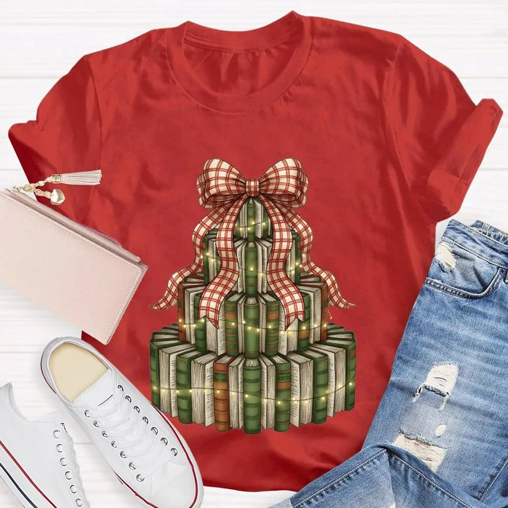 Bookworm Holiday Graphic Tee, Books Bows Lights Christmas Tree Shirt, Comfy Bookish Christmas T-Shirt, Reader Teacher Xmas Pr