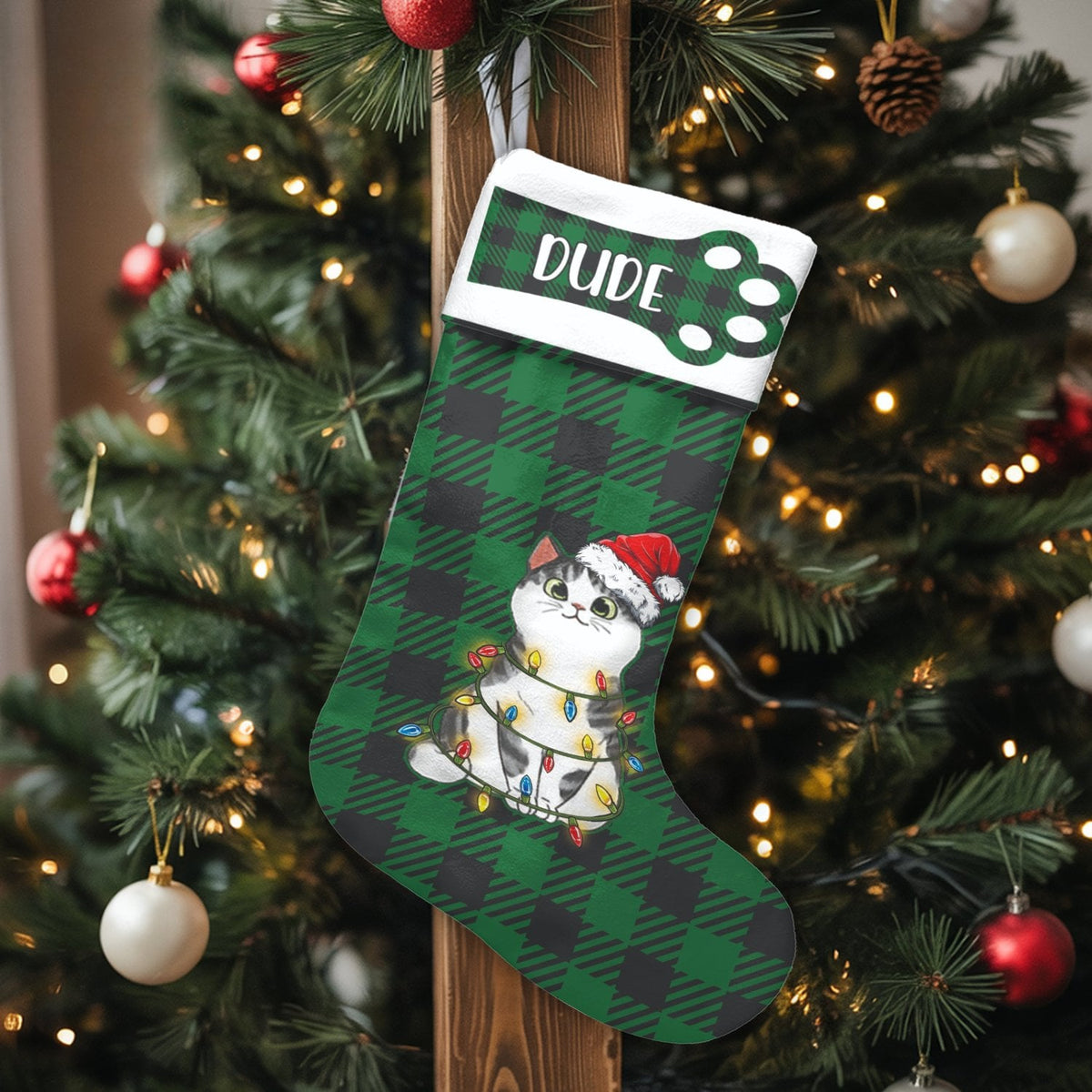Green Plaid Holiday Pet Stocking, Personalized Cat Christmas Stocking, Velboa Fabric Custom Name Stocking, Cat Lover Xmas Hom