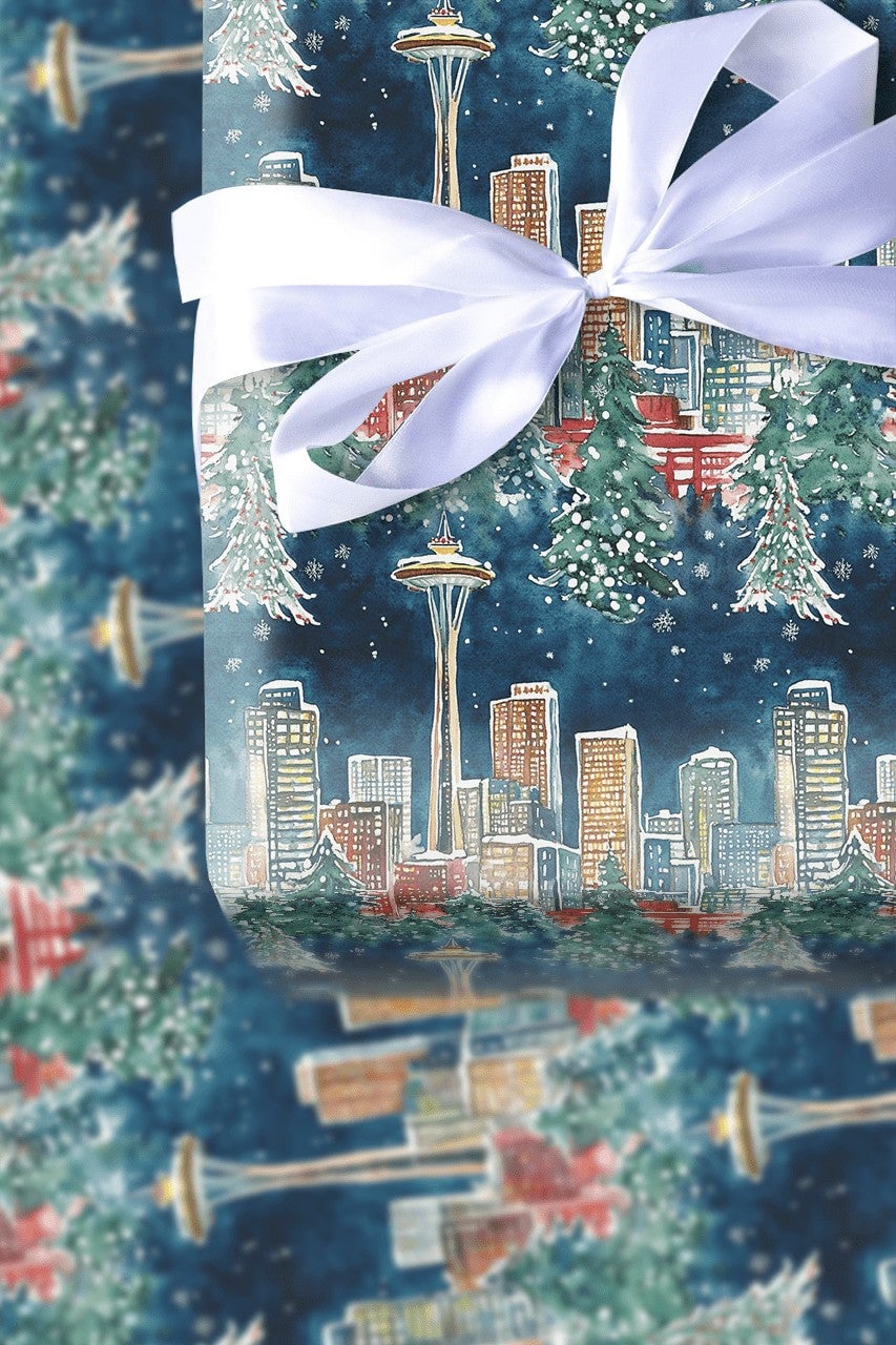 Space Needle Holiday Gift Wrap Roll, Seattle Skyline Christmas Wrapping Paper, Pacific Northwest Winter Wrapping Paper, City 
