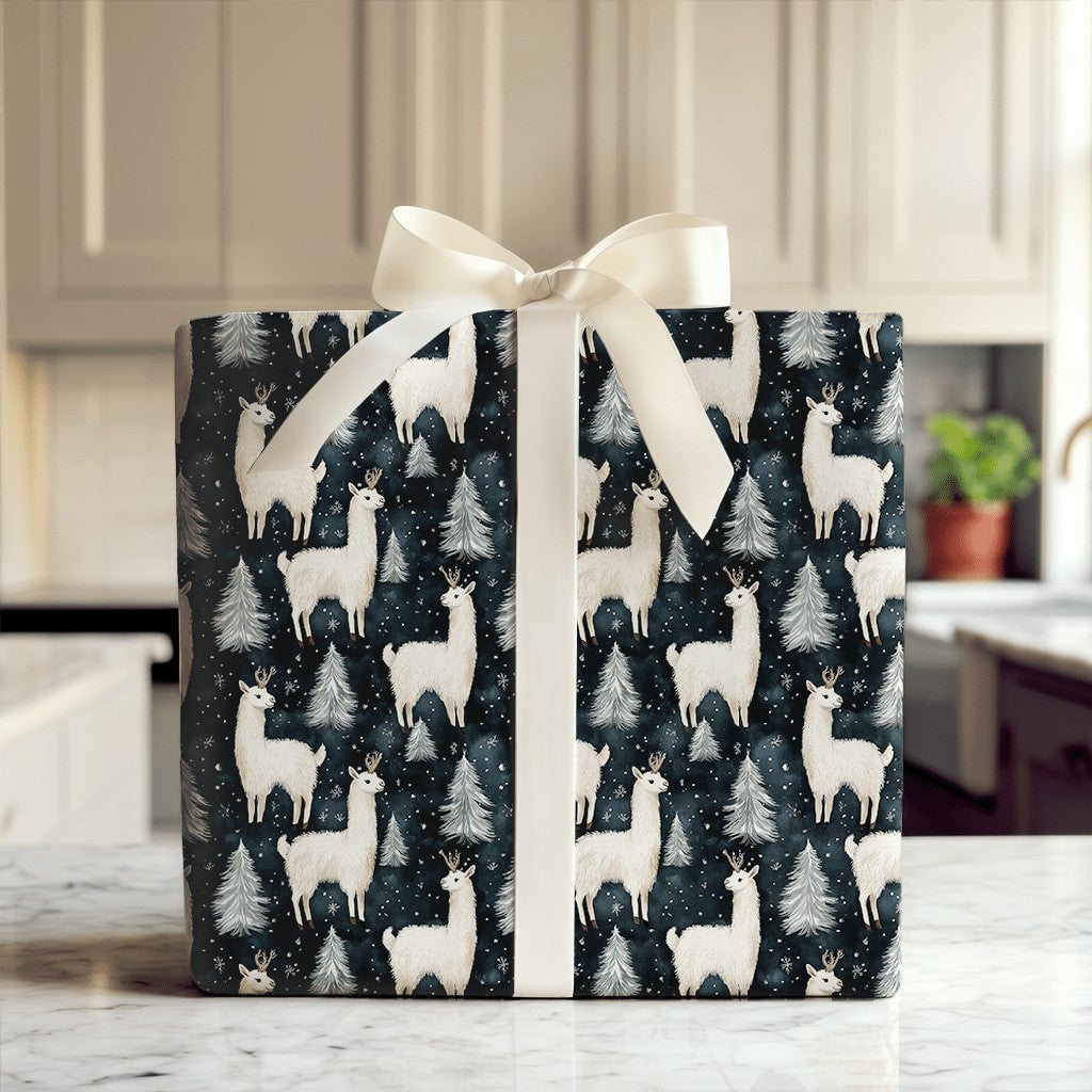 Navy Winter Forest Gift Wrap, Llama Reindeer Wrapping Paper, Snowy Pine Tree Wrapping Paper, Christmas Holiday Paper