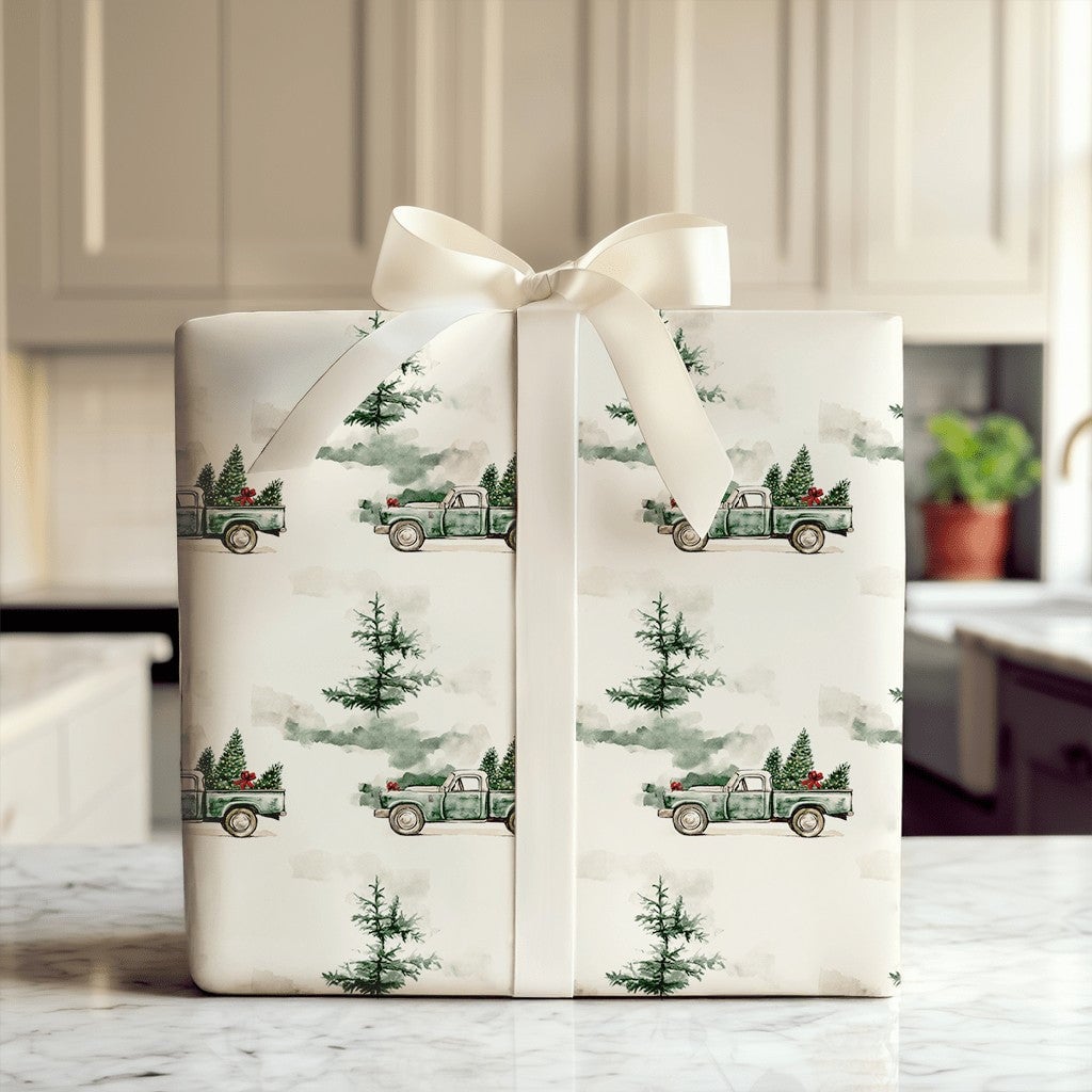 Farmhouse Tree Gift Wrap, Vintage Green Truck Christmas Wrapping Paper, Rustic Pine Holiday Wrapping Paper, Winter Present Gi