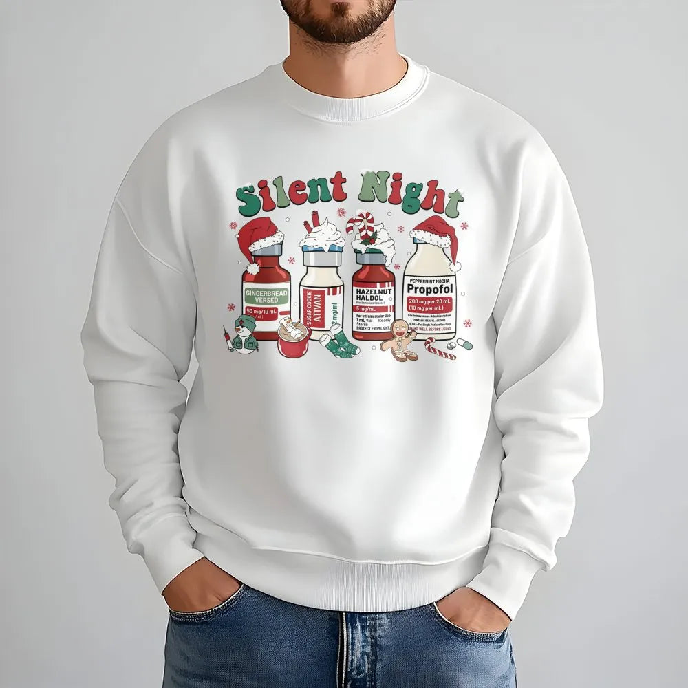 Humorous Healthcare Holiday Crewneck, Silent Night Nurse Christmas Sweatshirt, Medical RN Xmas Graphic Pullover, Hospital Nur