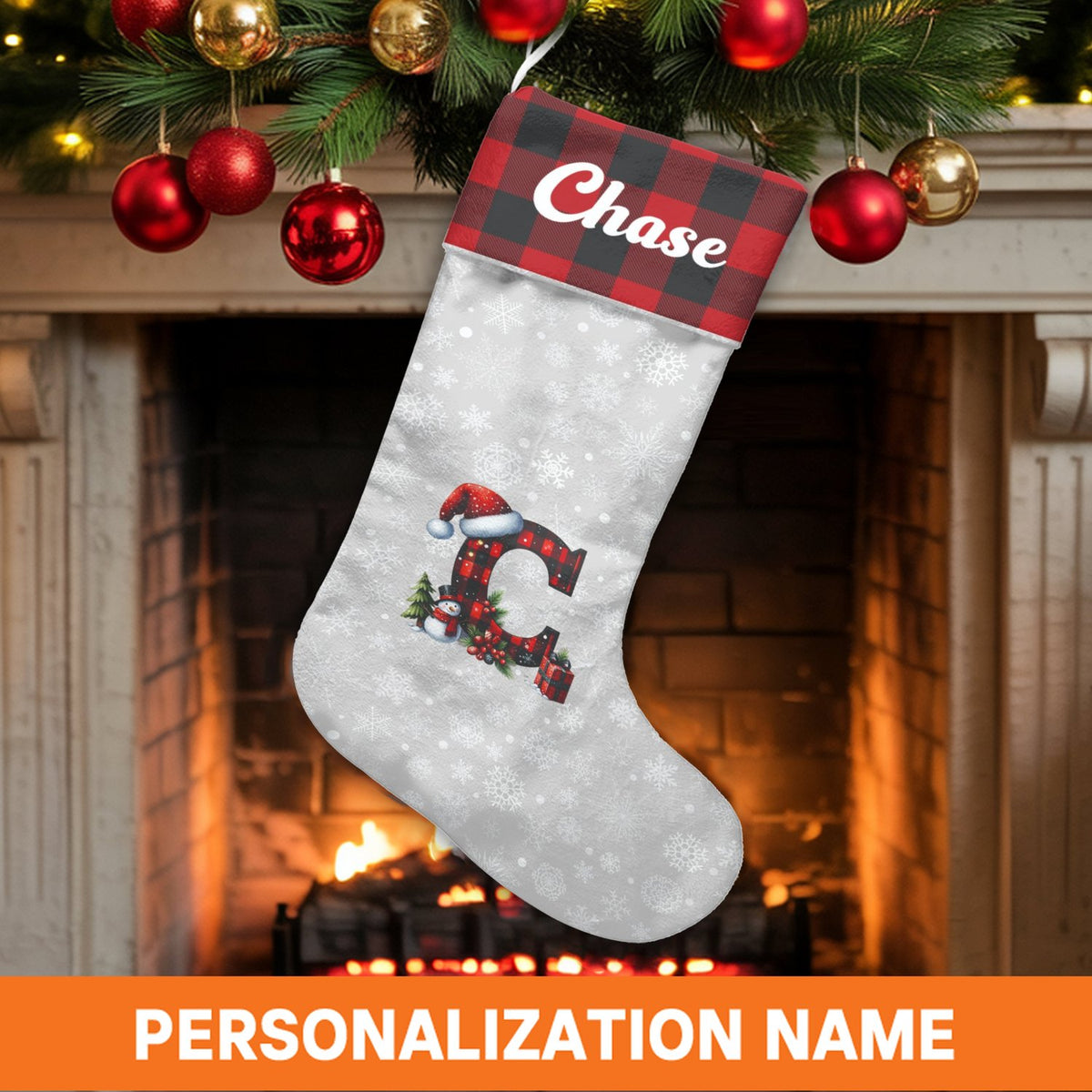Custom Monogram Christmas Stocking, Personalized Buffalo Plaid Christmas Stocking, Rustic Plaid Holiday Stocking, Family Mant
