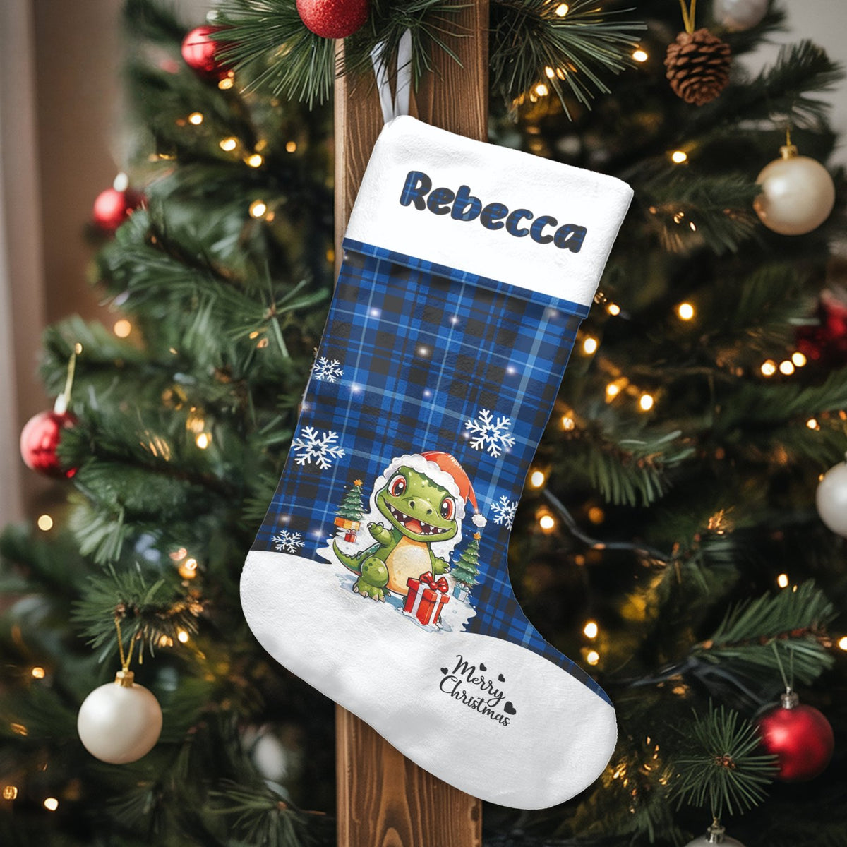Blue Plaid Dino Holiday Stocking, Personalized Dinosaur Christmas Stocking, Custom Name Kids Stocking, Boy Family Christmas S