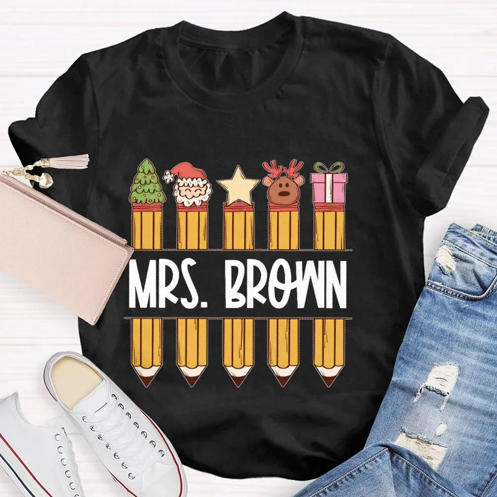 Custom Name Holiday Graphic Tee, Personalized Christmas Pencil Shirt, Adorable Teacher Christmas T-Shirt, Back to School Xmas
