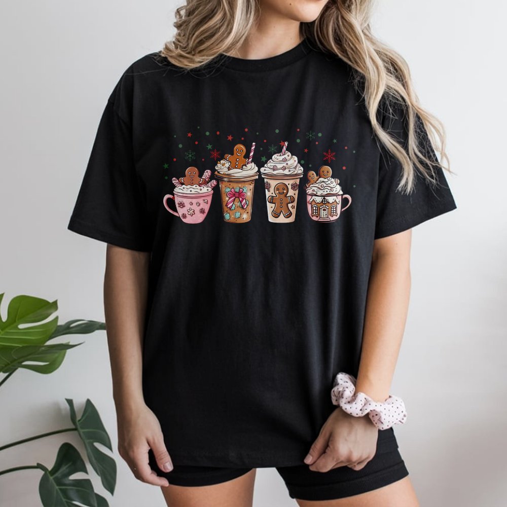Adorable Holiday Hot Cocoa Graphic Tee, Gingerbread Coffee Christmas T-Shirt, Festive Gingerbread Baker Shirt, Winter Season 
