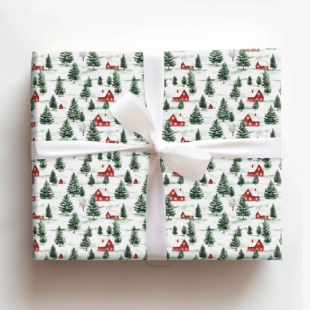 Pine Tree Christmas Gift Wrap, Watercolor Snowy Village Wrapping Paper, Winter Village Holiday Wrapping Paper, Rustic Xmas Gi