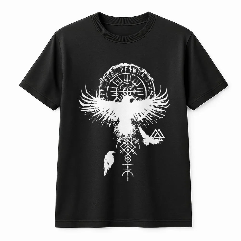 Viking Raven T-Shirt | Vegvisir Norse Compass & Runes Graphic | Premium Cotton Tee | Mythology Fan Gift
