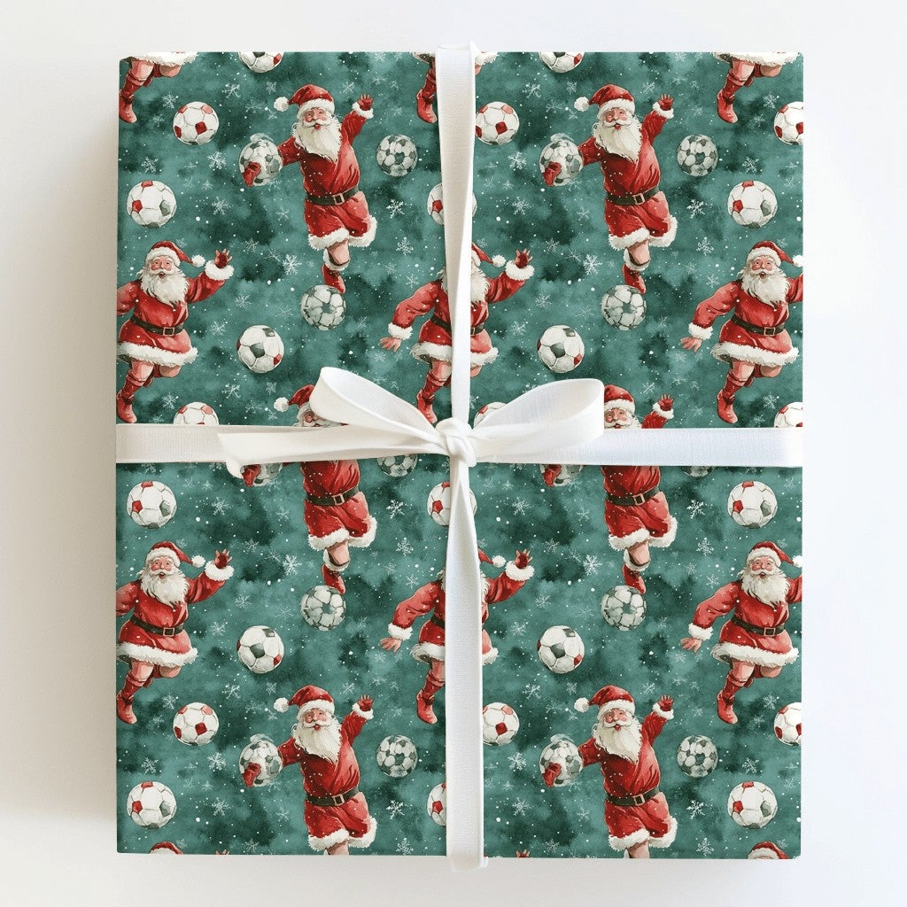 Sports Santa Holiday Gift Wrap Roll, Soccer Santa Christmas Wrapping Paper, Football Player Present Paper, Athletic Kid Gift 