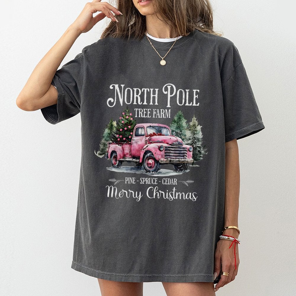 Vintage Pink Truck Christmas Shirt, North Pole Tree Farm T-Shirt, Retro Holiday Graphic Tee, Adorable Farmhouse Winter T-Shir