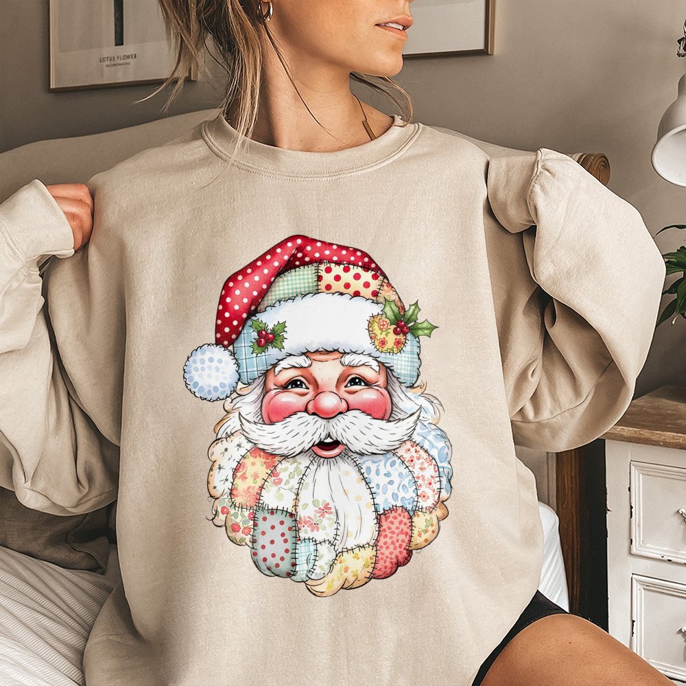 Vintage Quilt Style Santa Sweatshirt, Patchwork Santa Sweatshirt, Retro Holiday Crewneck Sweatshirt, Comfy Christmas Pullover