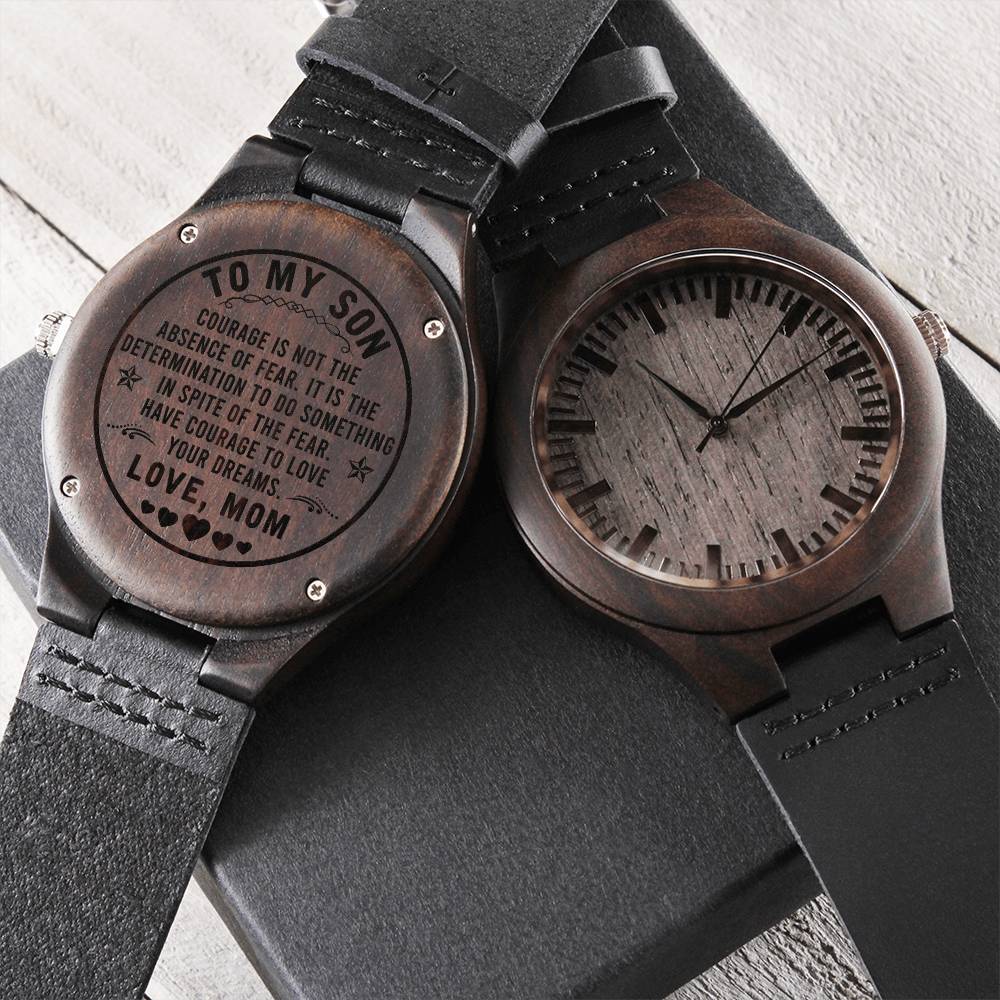 Sandalwood Watch, Courage Quote Engraved Wooden Watch for Son, Genuine Leather Band Wood Wristwatch, Birthday Christmas Prese