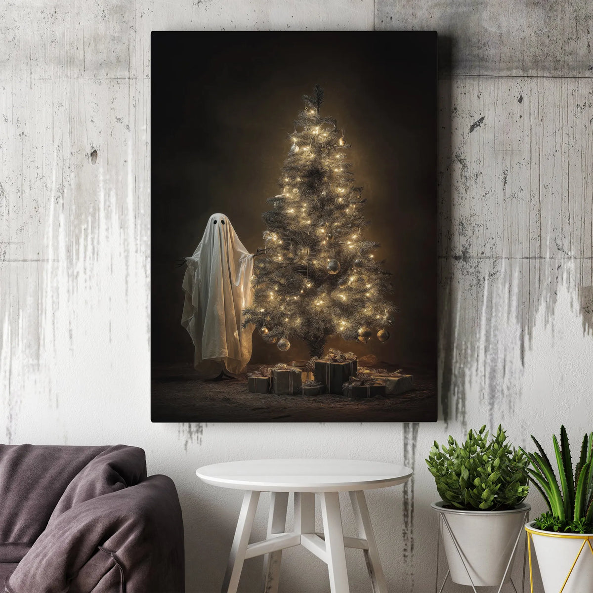 Spooky Holiday Canvas Print, Gothic Ghost Christmas Tree Canvas Wall Art, Dark Fantasy Xmas Room Decor, Alternative Digital D