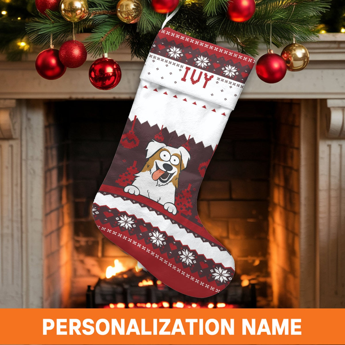 Custom Dog Name Holiday Stocking, Personalized Australian Shepherd Christmas Stocking, Aussie Pet Xmas Stocking, Dog Lover Ho