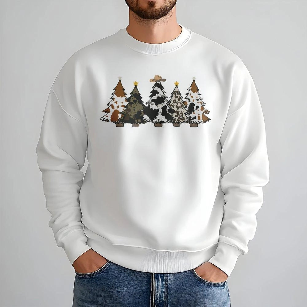 Cowhide Pattern Tree Crewneck, Country Christmas Sweatshirt, Western Holiday Sweater, Rustic Farmhouse Christmas Pullover Pre