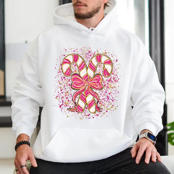 Coquette Bow Christmas Hoodie, Pink Candy Cane Hoodie, Aesthetic Candy Cane Hooded Sweatshirt, Adorable Xmas Candy Cane Pullo