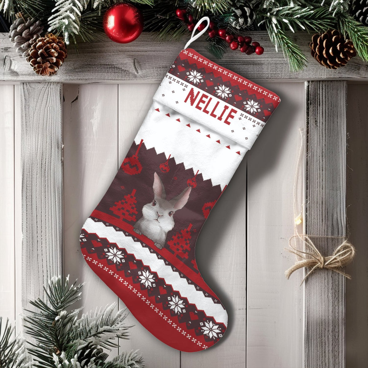 Nordic Rabbit Holiday Stocking, Adorable Bunny Christmas Stocking, Personalized Christmas Stocking, Custom Pet Stocking, Xmas