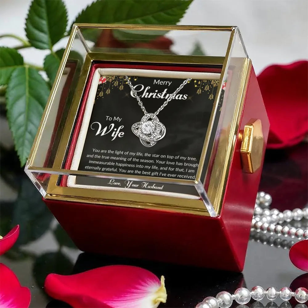 Rotating Rose Box Pendant, Wife Christmas Love Knot Necklace, Romantic Holiday Wife Necklace, CZ Crystal Love Knot Necklace, 