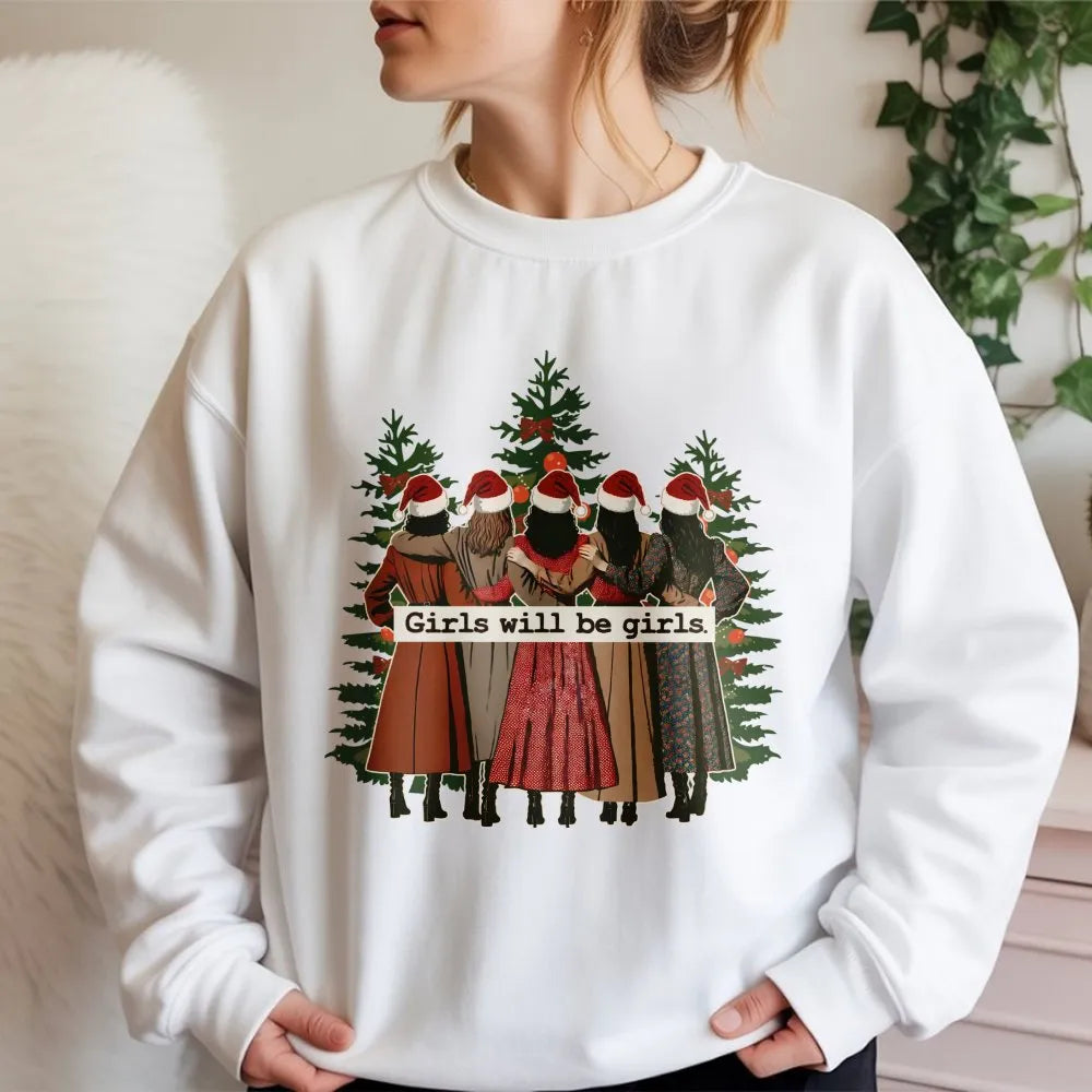 Retro Christmas Tree Sweatshirt, Girls Will Be Girls Sweatshirt, Feminist Holiday Sweatshirt, Adorable Xmas Tree Crewneck, Be