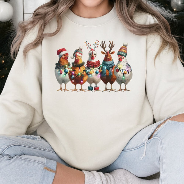 Festive Farm Animal Holiday Sweater, Christmas Chicken Lights Sweatshirt, Adorable Xmas Farmer Pullover Crewneck, Homestead H