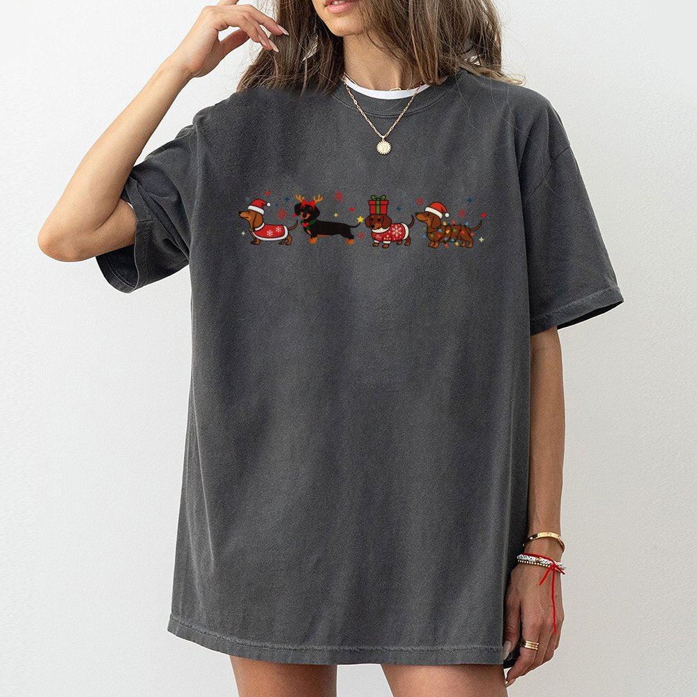 Adorable Wiener Dog Holiday Shirt, Dachshund Christmas T-Shirt, Festive Dachshund Graphic Tee, Dog Lover Xmas T-Shirt, Dog Mo