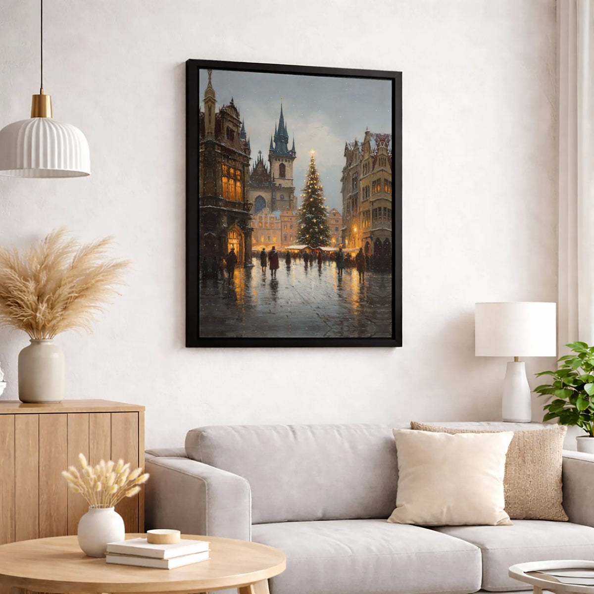 Vintage City Square Winter Wall Art, Snowy European Christmas Market Canvas Art, Comfy Holiday Town Canvas Print, Seasonal Xm