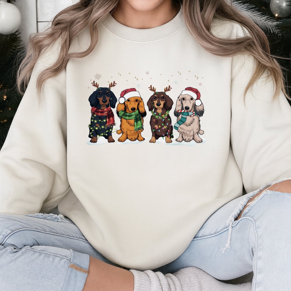 Adorable Festive Dog Holiday Sweater, Dachshund Christmas Sweatshirt, Wiener Dog Xmas Crewneck, Dachshund Lover Sweatshirt, D