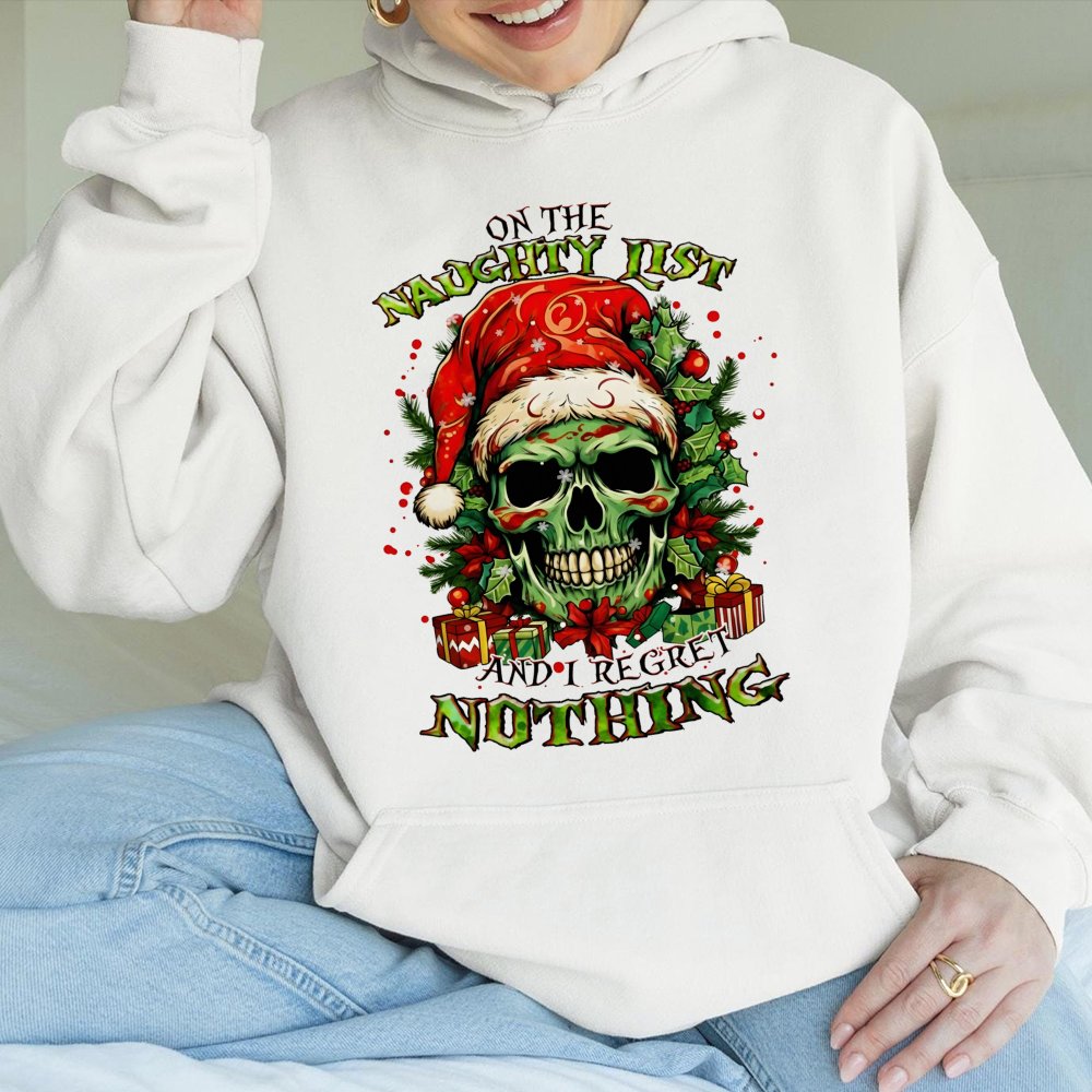 Humorous Grumpy Santa Hooded Sweatshirt, Naughty List Skull Christmas Hoodie, Sarcastic Holiday Skull Hoodie, Dark Humor Xmas