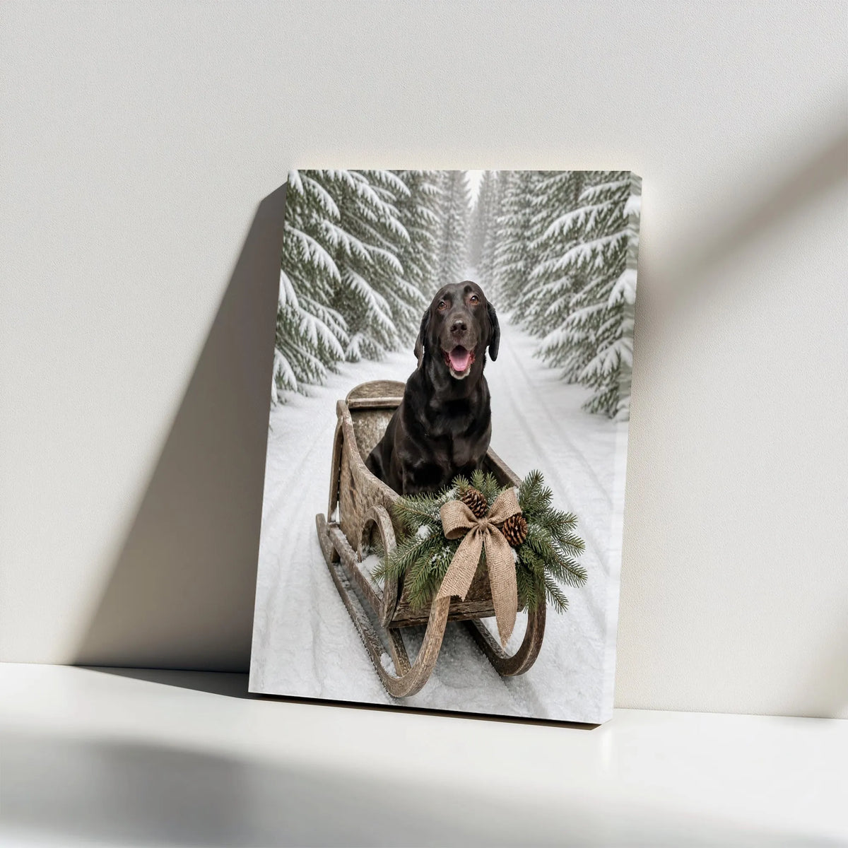 Snowy Forest Labrador Canvas Print, Black Lab Winter Sled Canvas, Christmas Dog Wall Art, Holiday Labrador Canvas Decor, Dog 