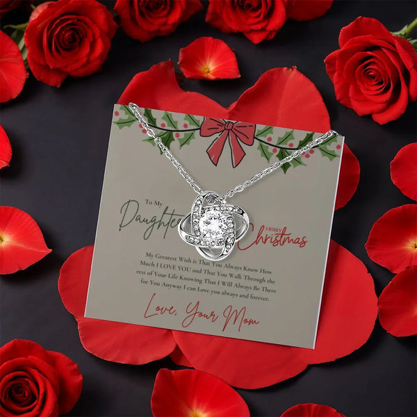 Rotating Rose Box Love Knot Necklace, Daughter Love Knot Necklace, Gold Love Knot Pendant Necklace, Christmas Present for Dau