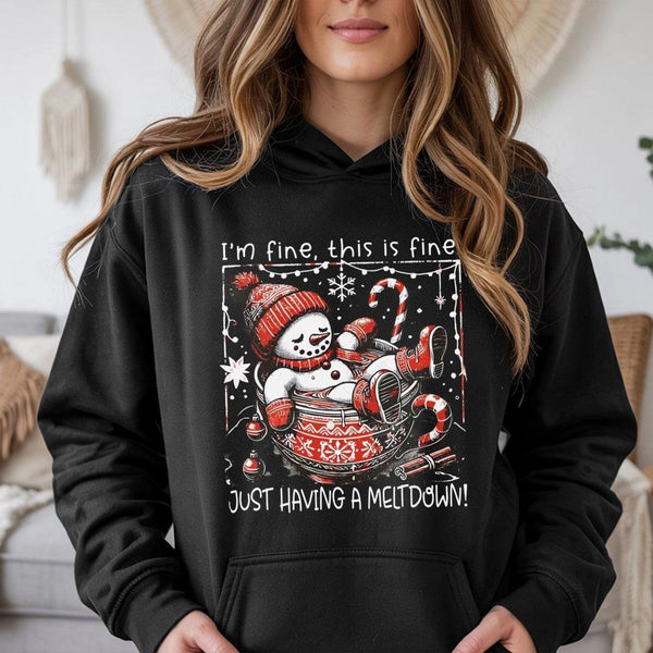 I'm Fine This Is Fine Christmas Hoodie, Snowman Meltdown Hoodie, Humorous Melting Snowman Sweatshirt, Winter Holiday Humor Pu