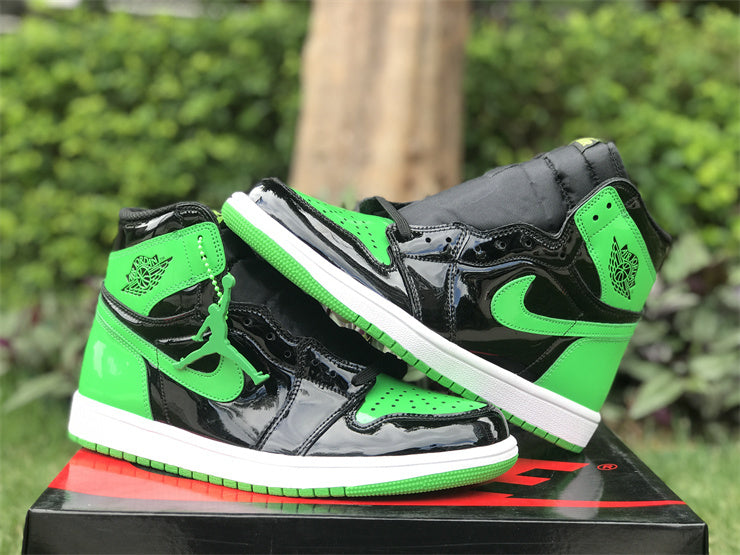 High Top Sneakers, Black Green Colorway, Patent Leather Footwear, Lace Up Design, Casual Gift for Sneaker Fans