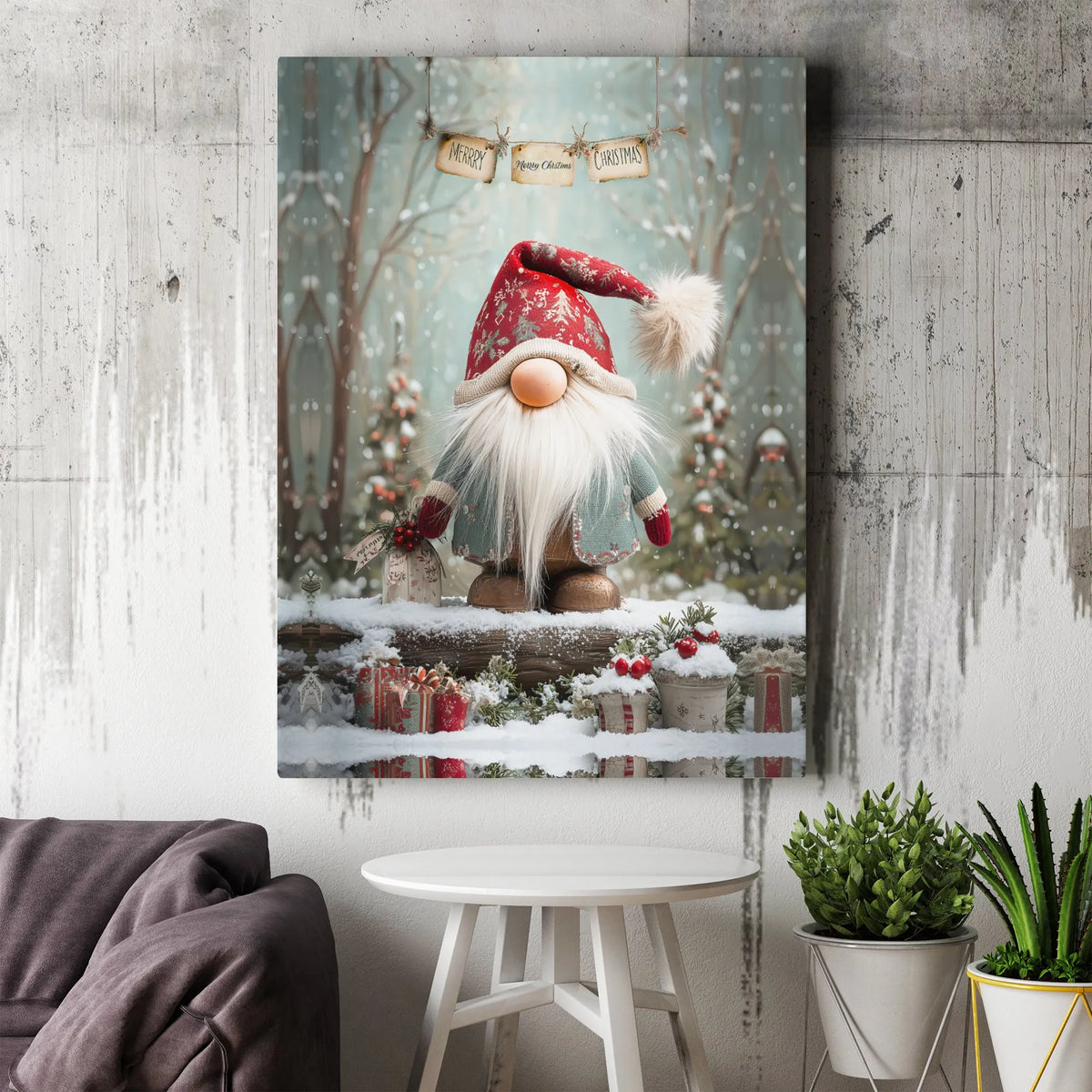 Snowy Winter Woodland Scene Canvas Print, Christmas Gnome Canvas Wall Art, Festive Holiday Wall Decor, Nordic Gnome Xmas Home