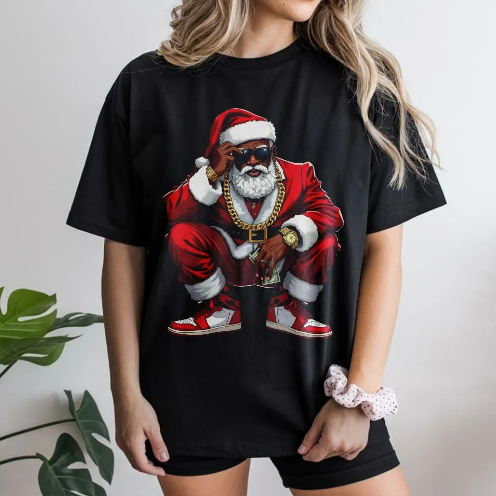 Hip Hop Christmas Graphic Tee, Black Santa T-Shirt, African American Santa Claus Shirt, Retro Urban Holiday Graphic T-Shirt P
